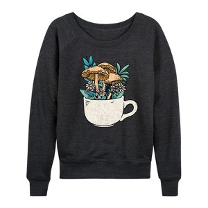 Women's - Instant Message - Coffee Cup Flowers Lightweight French Terry Wide Neck Long Sleeve Graphic Shirt - 1 of 4