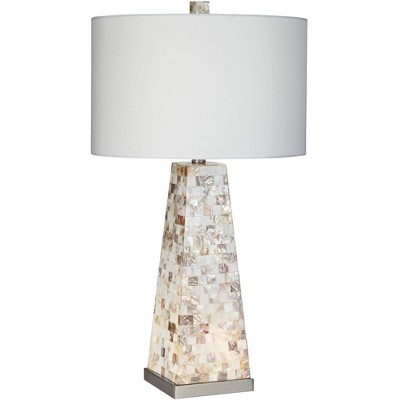 Possini Euro Design Modern Table Lamp with Nightlight Pearl Tile Square Tapered Base Drum Shade for Living Room Family Bedroom