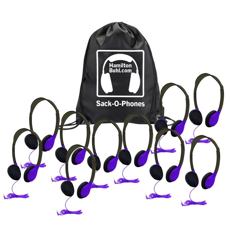 HamiltonBuhl® Sack-O-Phones, 10 Personal Headphones in a Carry Bag, Purple, 1 of 2