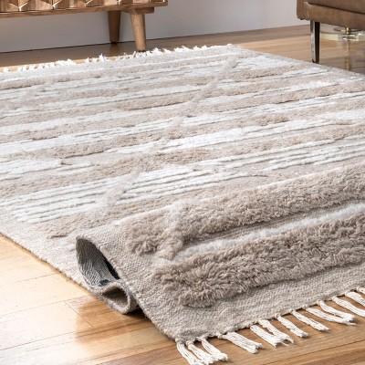 Handmade Geometric Shag Wool-Cotton Area Rug, 5' x 8', Beige