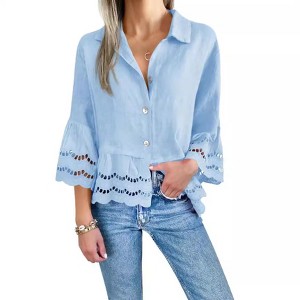 Women's Floral Lace Bell Sleeve Hollow - Out Blouse, Button - Down Collared Shirt with Crochet Detailing - 1 of 2