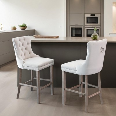 Counter Height Bar Stools Set of 2, Velvet Upholstered Dining Chairs with Nailhead Trim, Wooden Legs, Button Tufted Decor - Leovsnove