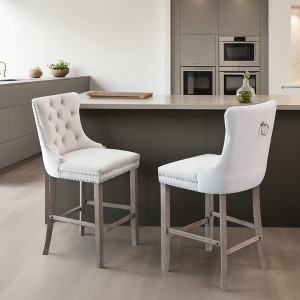 Counter Height Bar Stools Set of 2, Velvet Upholstered Dining Chairs with Nailhead Trim, Wooden Legs, Button Tufted Decor - Leovsnove - 1 of 4