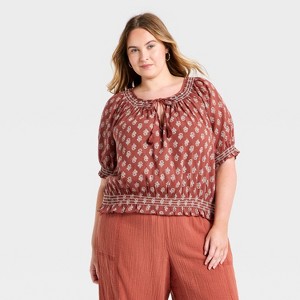 Women's Puff Short Sleeve Embroidered Tie V-Neck Blouse