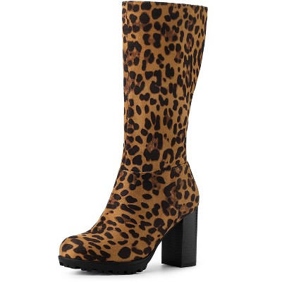 Allegra K Women's Round Toe Zipper Closure Mid-Calf Block Heel Boots