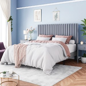 Velvet Bed Frame with Adjustable Tufted Headboard and Platform Base Box Spring Optional - 1 of 4