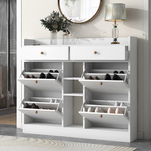 TIRAMISUBEST [VIDEO provided] Modern Tipping Bucket Shoe Cabinet with 4 Flip Drawers - White Mobile File Cabinet - 1 of 4