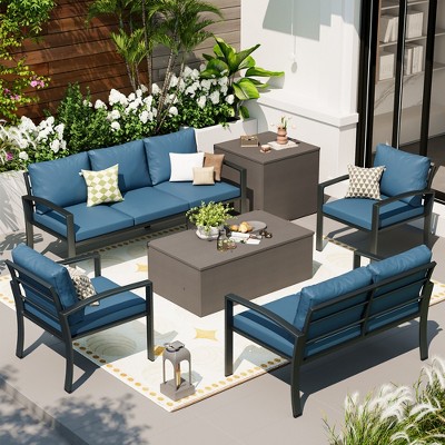 COWLOWN 7 Piece Blue Outdoor Patio Furniture, Metal Set with Waterproofing, 2 Storage Boxes for Backyard Spaces