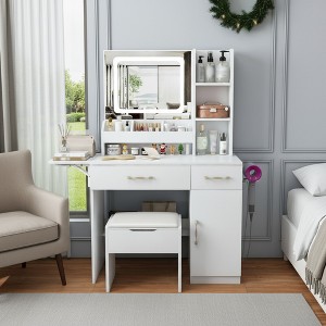 FONTOI 23.6"W/42"W Makeup Vanity Table Desk with Mirror Drawers Storage Cabinets and Stool for Bedroom Dressing Room, White/Pink - 1 of 4