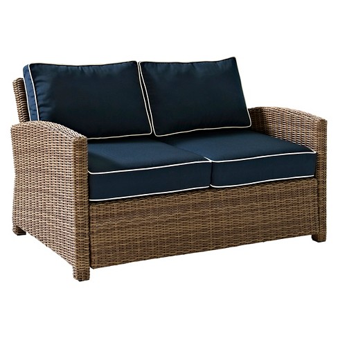 Crosley Bradenton Outdoor Wicker Loveseat with Navy Cushions