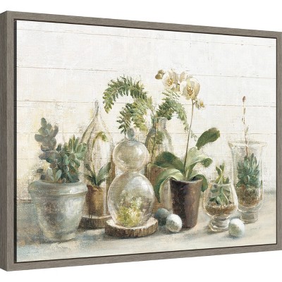 Greenhouse Orchids and Ferns on Canvas in Gray Frame