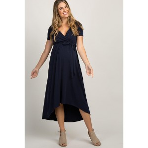PinkBlush Navy Blue Solid Hi-Low Maternity Wrap Dress - 1 of 4