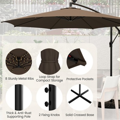 Coffee 10FT Solar-Lighted Cantilever Offset Patio Umbrella