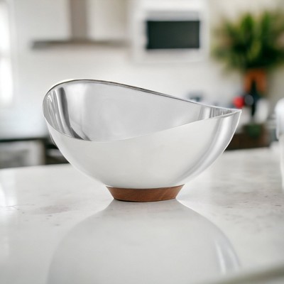 Polished Stainless Steel and Acacia Wood Crescent Nut Bowl