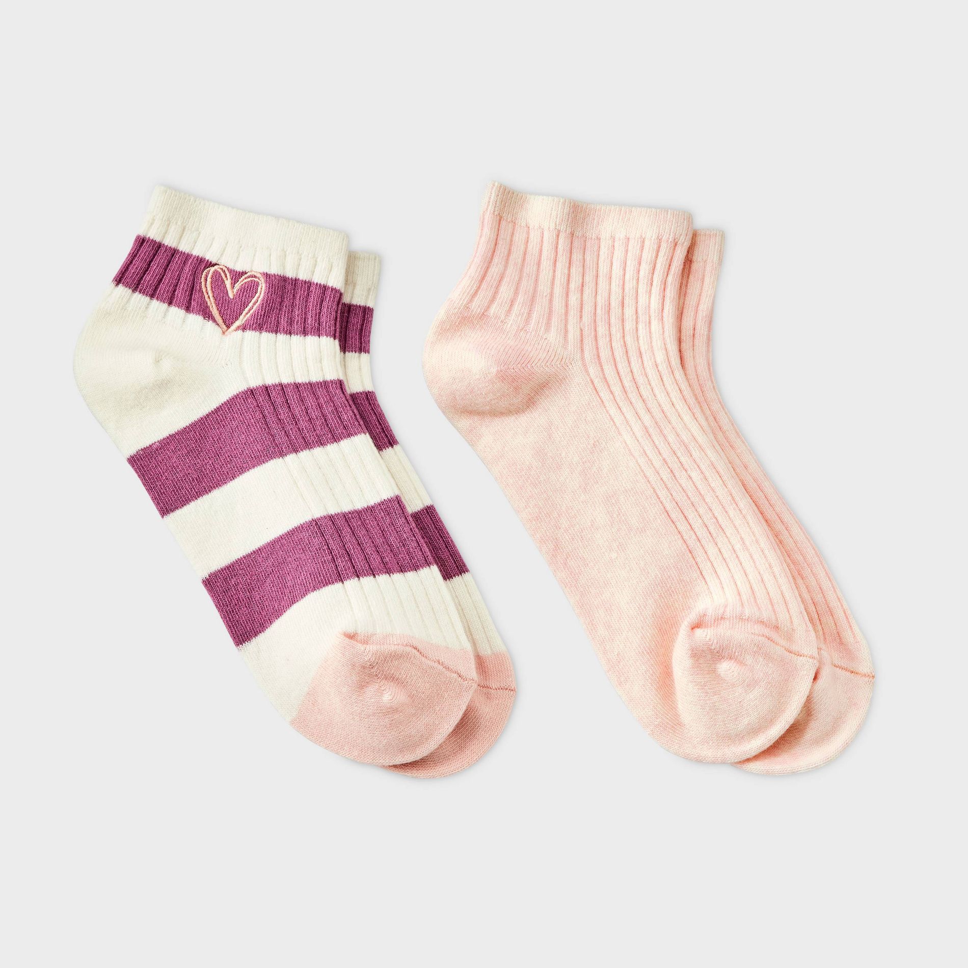 Girls' 2pk Striped & Heart Ribbed Crew Socks - Cat & Jack™ Pink L