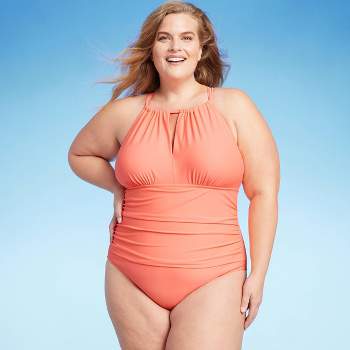 Women's Full Coverage Tummy Control High Neck Halter One Piece Swimsuit - Kona Sol™ Coral Pink