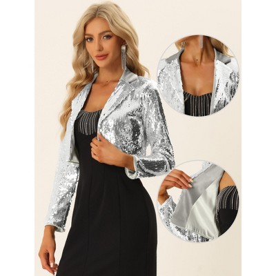 INSPIRE CHIC Women's Velvet Notched Lapel Long Sleeve Sparkly Cropped Sequin Open Front Jacket Silver Small — фото 2