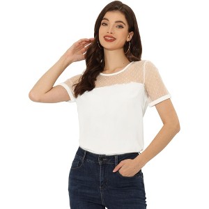 INSPIRE CHIC Women's Mesh Panel Dots Round Neck Short Sleeve Blouses - 1 of 4
