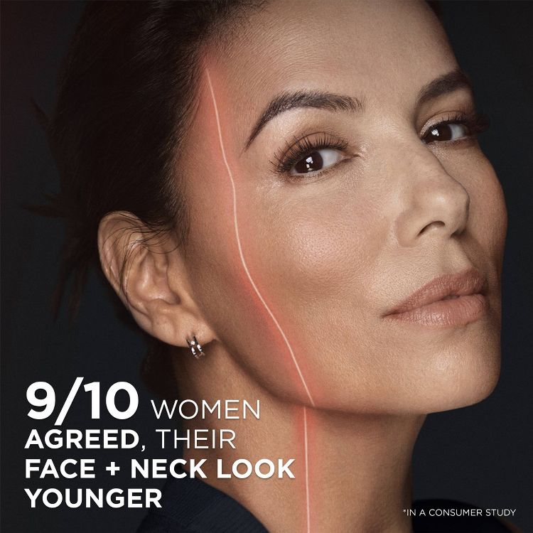 A close-up of a woman's face with text stating "9/10 women agreed, their face + neck look younger" and a pink line highlighting her cheek and neck.