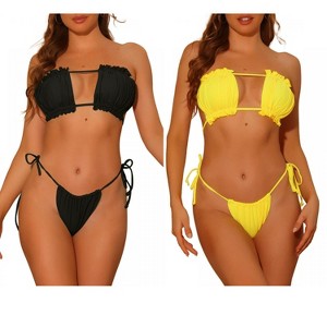 Elerevyo Women's Ruffle Pleated Bandeau Push Up High Cut Tie Side String Bikini Sets Swimsuits 2 Sets - 1 of 4