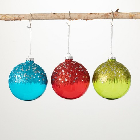 Colored Star Ball Ornament Multicolor 4H Glass Set of 3