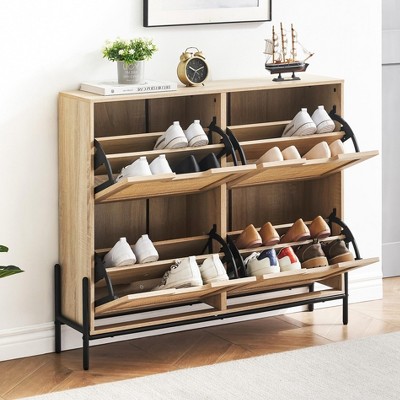 Whizmax Natural Rattan 4 Flip Door Shoe Cabinet Organizer Freestanding, Shoe Rack Storage Cabinet for Entryway with 3-Tier Adjustable Shelves