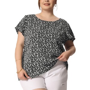 Agnes Orinda Women's Plus Size Floral Print Short Flutter Sleeve Casual Peasant Tops - 1 of 4