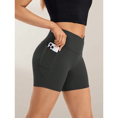 Clotth Biker Yoga Shorts With Pockets For Women ,High Waist Cross Athletic Running Workout Gym Shorts Tummy Control
