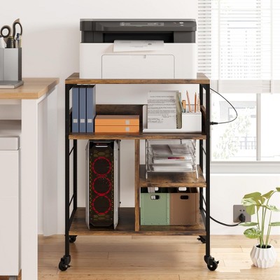 Large Printer Stand With Power Outlets, Mobile Home Printer Table With Lockable & Adjustable Wheels