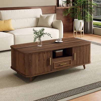 ORRD Mid-Century Modern Coffee Table with Tambour Doors - Walnut 6-Compartment Storage Table for Living Room