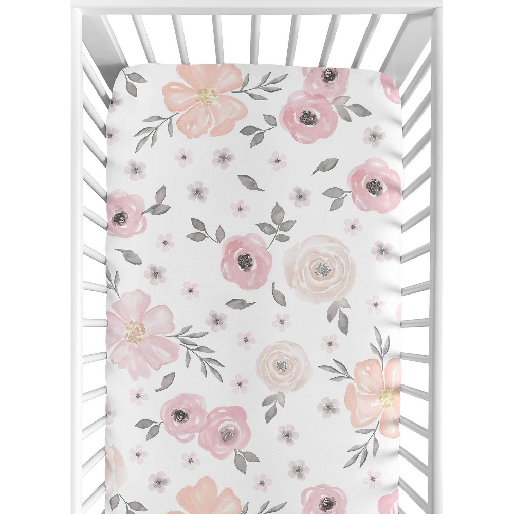 Photos - Bed Linen Sweet Jojo Designs Watercolor Floral Fitted Crib Sheet - Pink/Gray