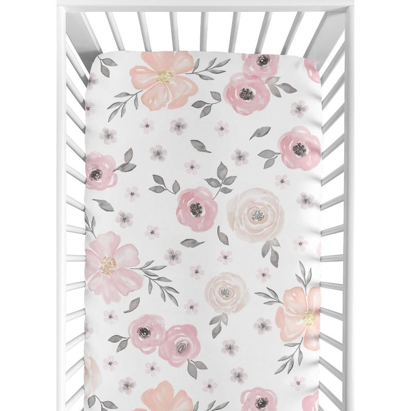 Sweet Jojo Designs Watercolor Floral Fitted Crib Sheet - Pink/Gray, 1 of 9