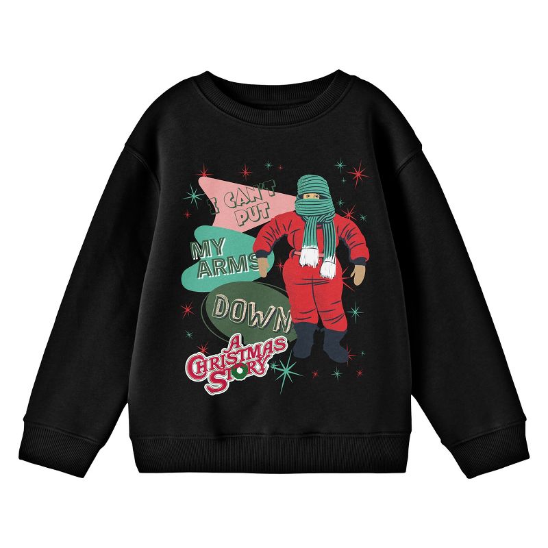 A Christmas Story I Can't Put My Arms Down Crew Neck Long Sleeve Black Youth Sweatshirt, 1 of 3