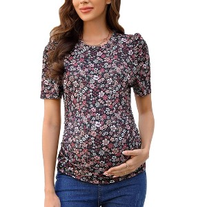 Maternity Tops Women's Casual Floral Printed Puff Short Sleeve Ruched Side Tunic Blouses Shirts Pregnancy Clothes - 1 of 4