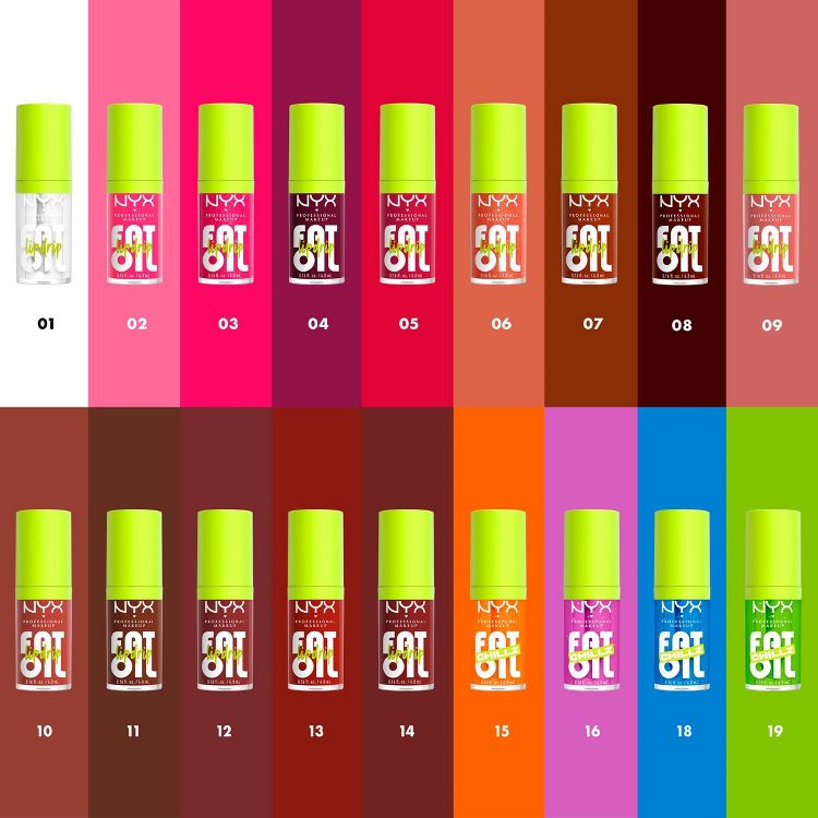 A collection of NYX Professional Makeup Fat Oil Lip Drip Lip Glosses in various shades, each with a lime green cap. The shades range from pinks and reds to browns and oranges, displayed in a grid format with color swatches beneath each gloss.