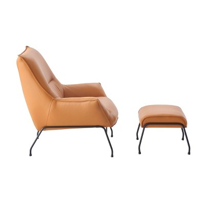 Sandstone Top Grain Leather Accent Chair with Ottoman and Metal Frame