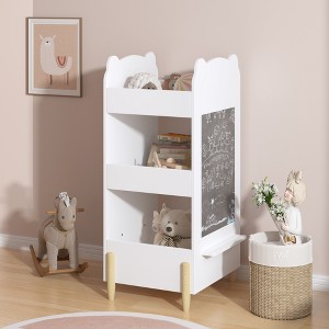TopComfy Decorative Storage Cabinets Kids Bookshelf with Chalkboard Side and Bear Design for Playroom, White, 16.14"*16.93"*33.86" - 1 of 4