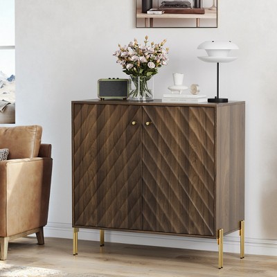 Walnut Sideboard Cabinet, Freestanding Buffet Cabinet with Golden Metal Feet, Wood Storage Cabinet