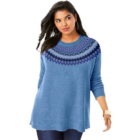 Roaman's Women's Plus Size Fair Isle Pullover Sweater, 30/32 - Soft Sky  Classic Fair Isle