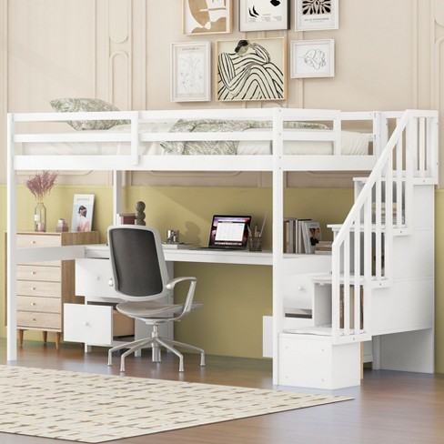 NicBex Twin Size Bunk Bed with Desk Loft Bed Pine Bed Frame with Drawers, Storage Stairs and Full Length Guardrail, No Box Spring Required, White - image 1 of 4