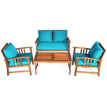 Tangkula 4pcs Wooden Patio Furniture Set Table & Sectional Sofa w/ Turquoise Cushion