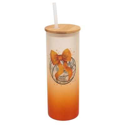 Elanze Designs 25 Ounce Frosted Glass Gradient Travel Tumbler With Straw and Wooden Lid, Volleyball With Orange Bow Orange