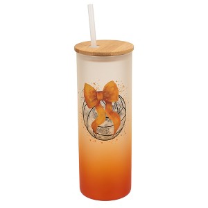 Elanze Designs 25 Ounce Frosted Glass Gradient Travel Tumbler With Straw and Wooden Lid, Volleyball With Orange Bow Orange - 1 of 1