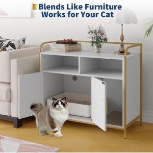 Nasitip Hidden Cat Litter Box Enclosure with Metal Frame & Storage Shelves, Modern Side Table Cat House, White/Black - 1 of 4