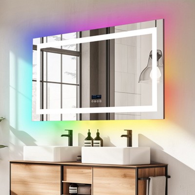 Overlength Rectangle RGB LED Bathroom Mirror w/ Bluetooth Speaker Vanity Mirror for Make Up