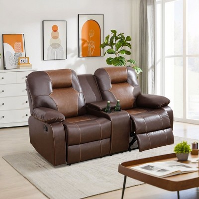 MAYEERTY Reclining Loveseat, 2-Seat Breathable Leather Recliner with Storage & Cup Holders for Living Room, Brown