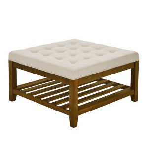 Zeus & Ruta Tufted Linen Large Square Ottoman with Beech Wood Shelf and Frame, Ivory - 1 of 4
