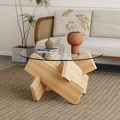 Modern Glass Coffee Table,Side Table With Tempered Glass Top And MDF Legs,Round Coffee Table For Living Room Dining Room-Cuddlewood