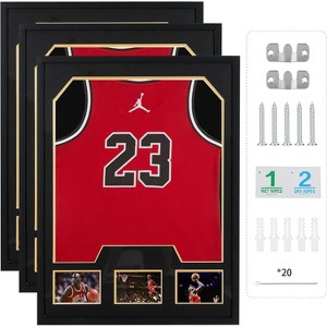 MUKE Jersey Display Case with Photo Slots, Jersey Frame with UV-Protection, Black & Gold Pinboards, Shadow Box Frame for Sports Memorabilia - 1 of 4