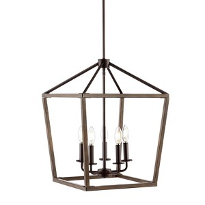 16" LED 5-Light Oria Iron Industrial Lantern Pendant Oil Rubbed Bronze/Faux Wood - JONATHAN Y: UL Listed, Adjustable Height Ceiling Fixture - 1 of 4